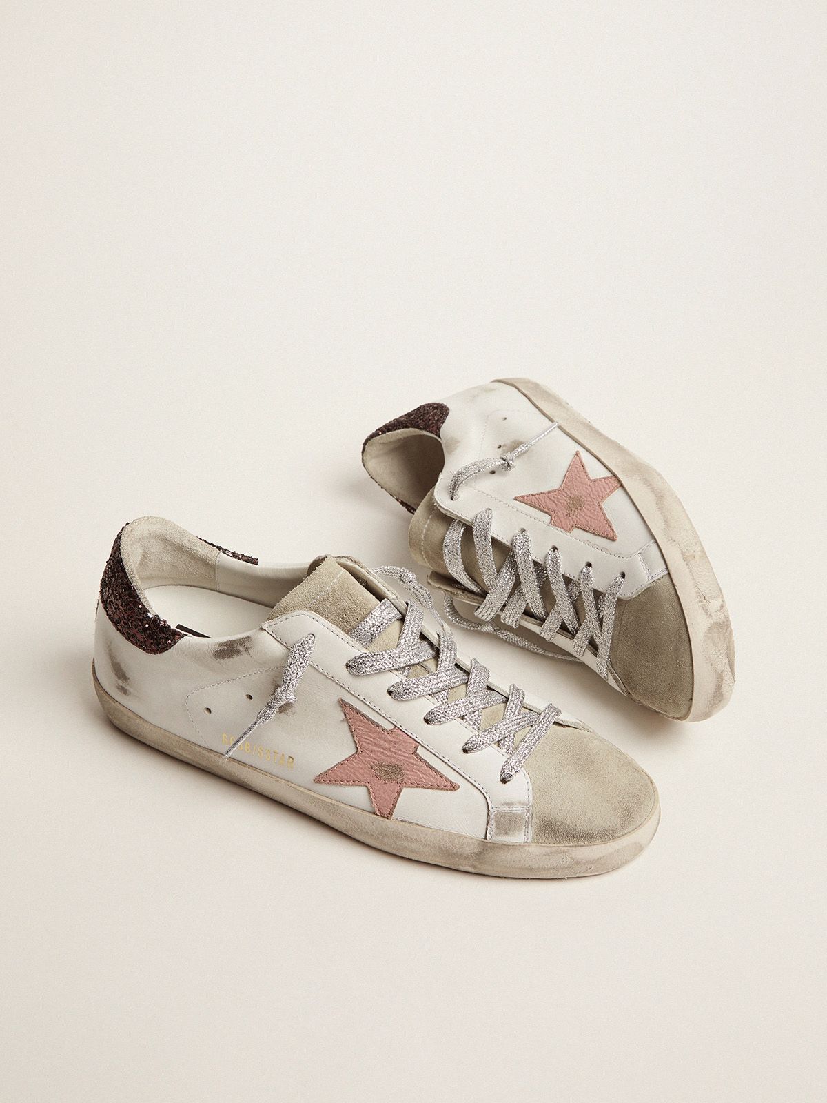 Sup-S sneakers with brown glitter heel tab and pink crackled leather star