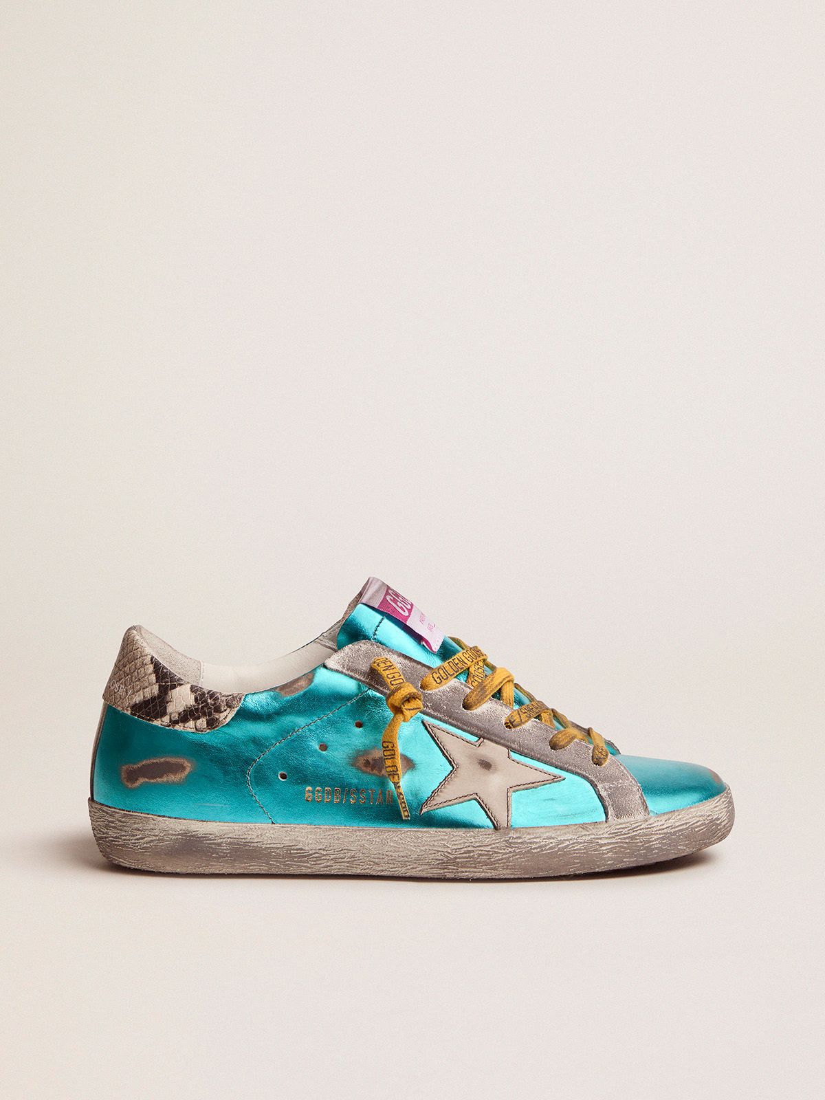 Turquoise green laminated Sup-S LTD sneakers with snake-print heel tab