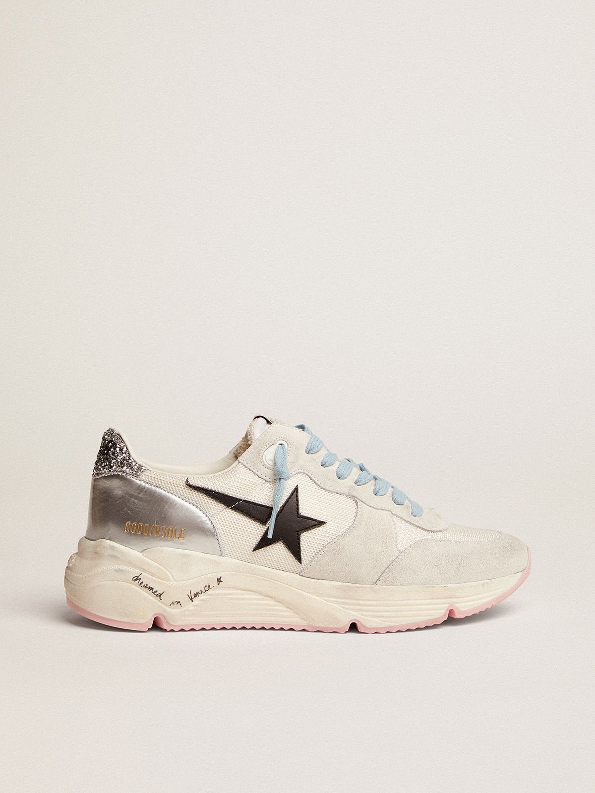 Running Sole LTD sneakers in white mesh and suede with silver glitter heel tab and black leather star