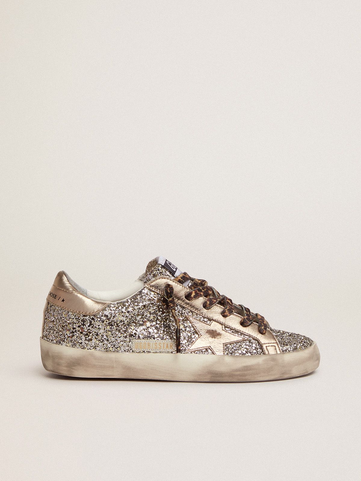 Sup-S sneakers in platinum-colored glitter with star and heel tab in tone-on-tone laminated leather
