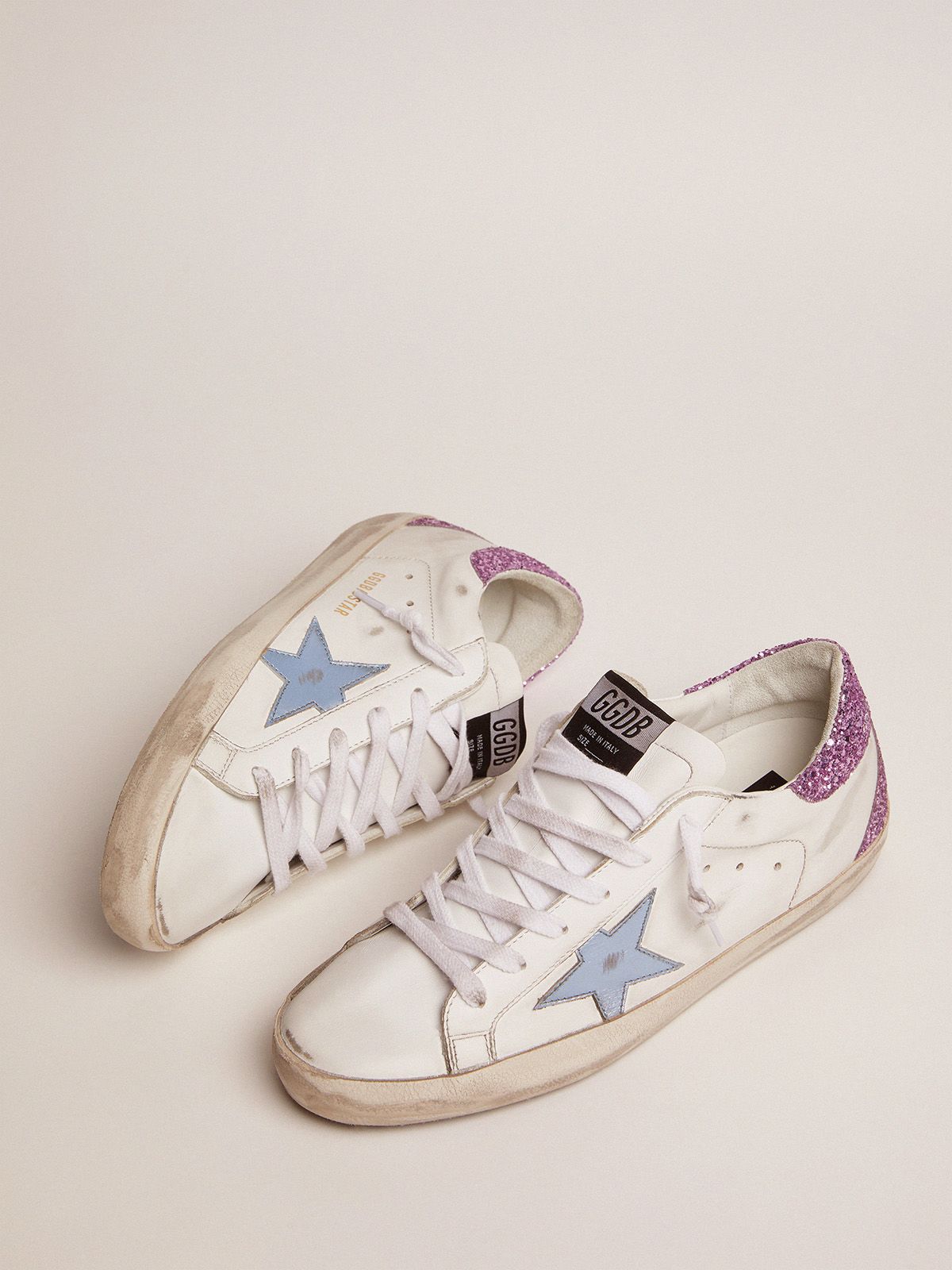 Sup-S sneakers with lavender glitter heel tab and light-blue metallic leather star