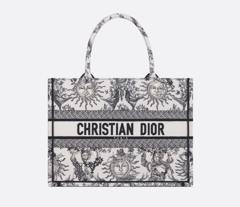 D Book Tote White and Black Toile de Jouy Soleil Embroidery