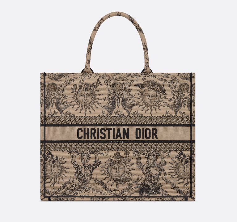 D Book Tote Beige and Black Toile de Jouy Soleil Embroidery