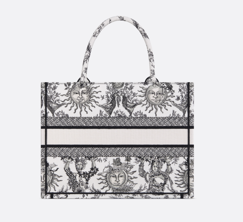D Book Tote White and Black Toile de Jouy Soleil Embroidery