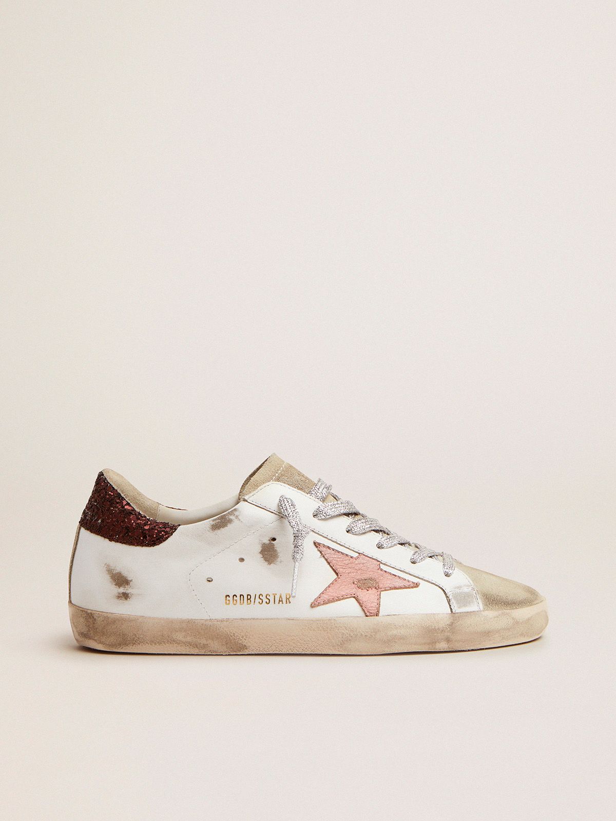 Sup-S sneakers with brown glitter heel tab and pink crackled leather star