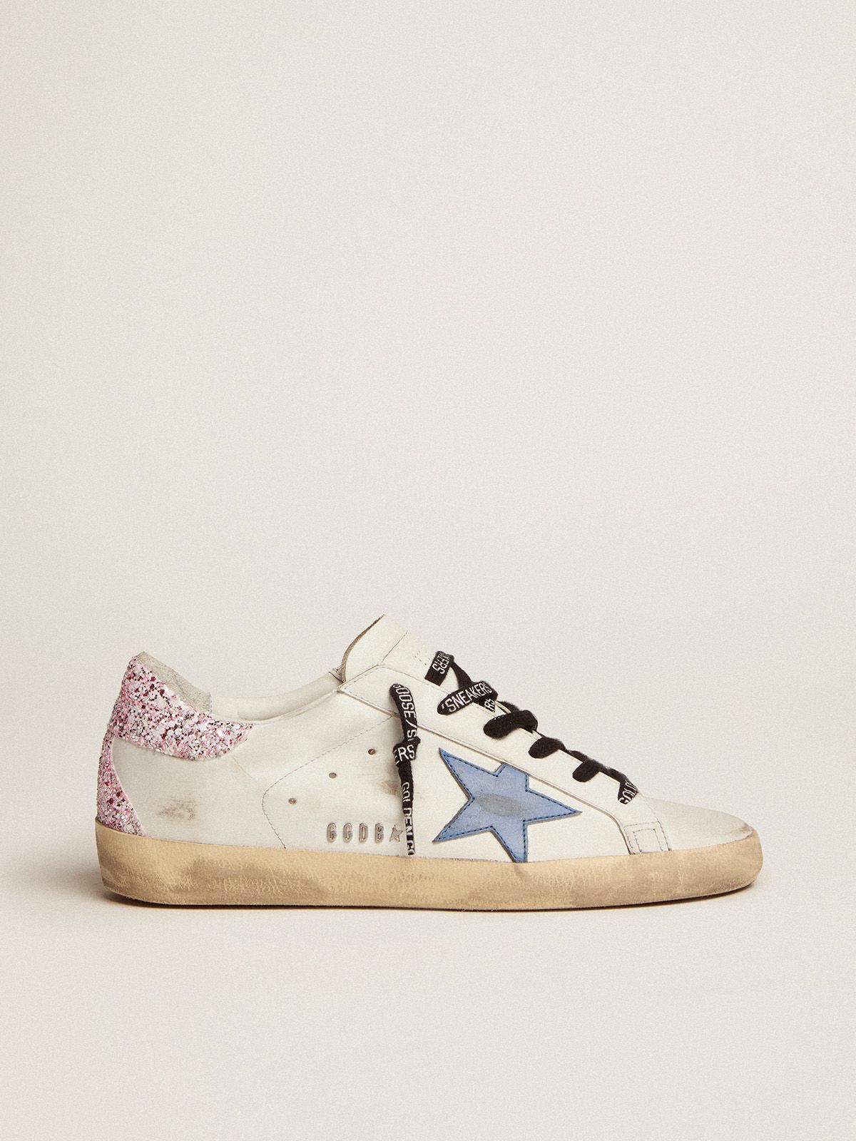 Sup-S sneakers with cobalt-blue leather star and pink glitter heel tab